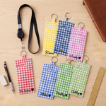 Personalised Gingham Pen Holder Pouch with Name and Retractable Badge Reel Daily Use Back to School Appreciation Gift for Teachers Educators