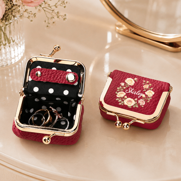 Personalised Birth Flower Portable PU Leather Mini Jewellery Case with Kiss Lock and Name Birthday Gift for Family Best Friend