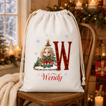 Personalised 3D-Style Artwork Cartoon Character Design Canvas Drawstring Gift Bag with Initial and Name Christmas Gift for Boys Girls