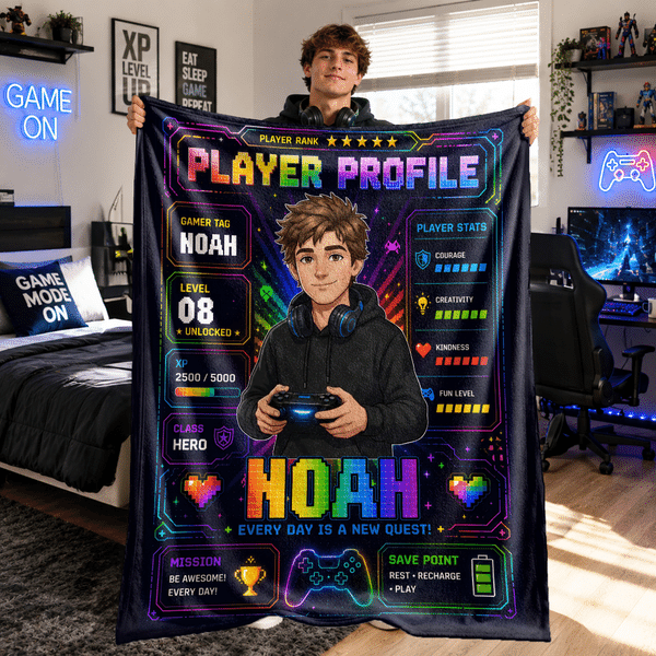 Gepersonaliseerde, zachte knuffeldeken met spelersprofielfoto, naam en niveau – woondecoratie, cadeau voor een spelletjesavond of verjaardag voor gameliefhebbers