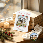 Personalized Watercolor Style House Photo Christmas Wreath Greeting Card with Text First Christmas in New Home Gift for Family Friend