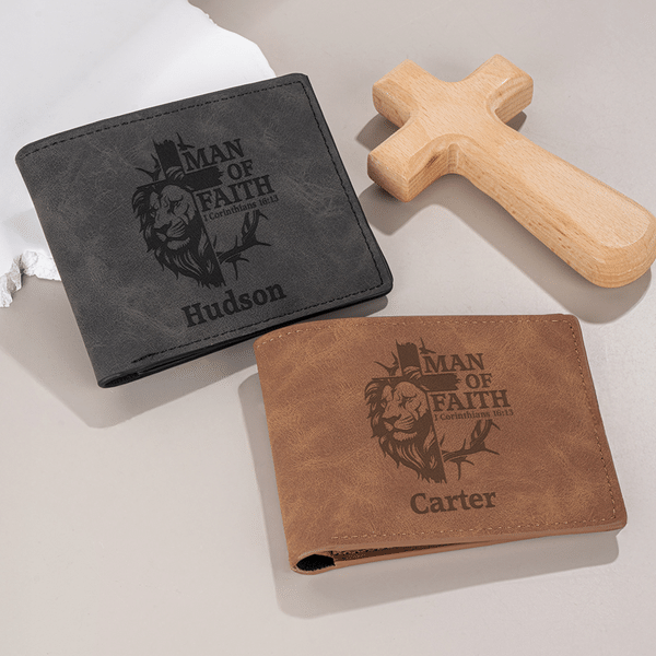 Personalized Man of Faith Lion Cross PU Leather Wallet with Name Birthday Anniversary Birthday Baptism Gift for Husband Dad Christian