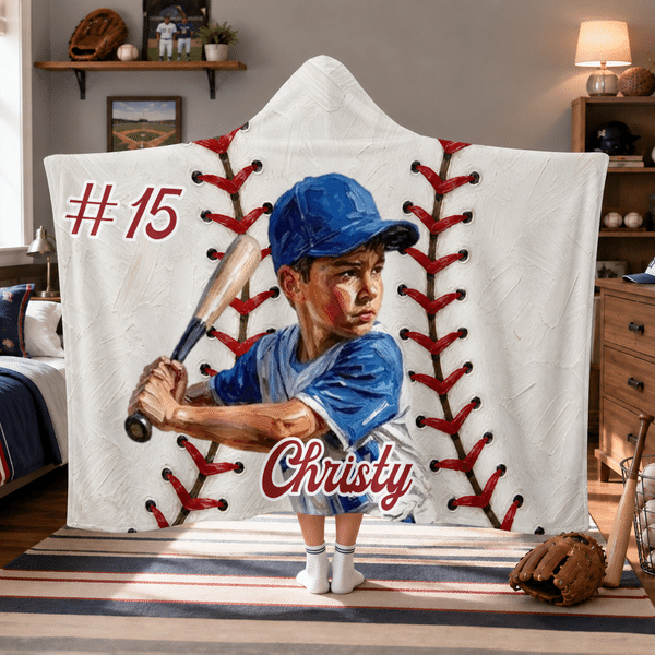Personalised Baseball Football Ball Sport Oil Painting Style Photo Soft Hooded Blanket with Name and Number Home Decor Team Gift for Sports Lover