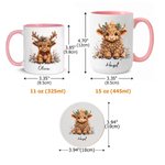 Gepersonaliseerde keramische mok met kerstthema en Highland-koe, 11 oz en 15 oz, met naam en onderzetter – kerstcadeau voor liefhebbers van Highland-koeien