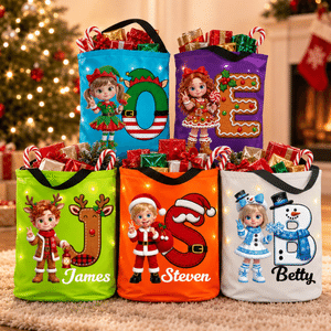 Personalized 3D-Effect Artwork Cartoon Character Photo Waterproof LED Light Bucket Bag with Christmas Initial and Name Christmas Gift for Kids