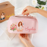 Borsa da trucco personalizzata in pelle PU con personaggio dei cartoni animati dipinto ad acquerello, foto e fiore del mese di nascita, con nome: regalo di compleanno o per i viaggi quotidiani, per do