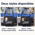 Sac à épaule de grande capacité personnalisé avec personnage cartoon nom et profession - Accessoire avec poches en maille - Cadeau pour enseignant