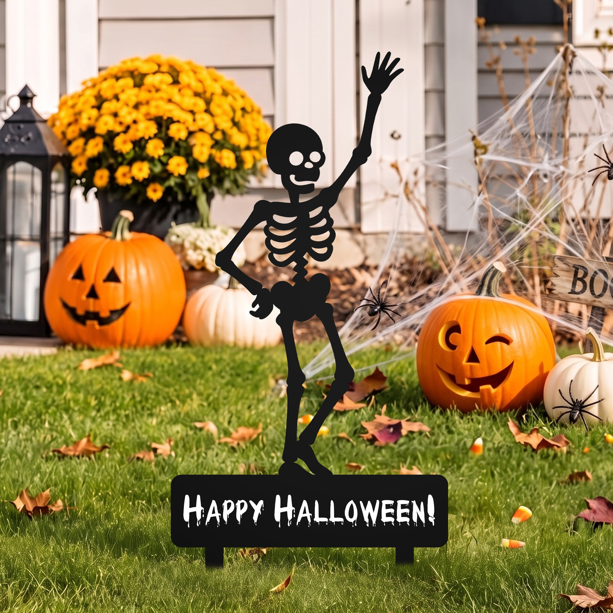 Personalisiertes Gartenschild mit Totenkopf- und Skelettmotiv für die Gruselsaison – mit Text – Festliche Außendekoration – Halloween-Party-Geschenk für Familie und Freunde