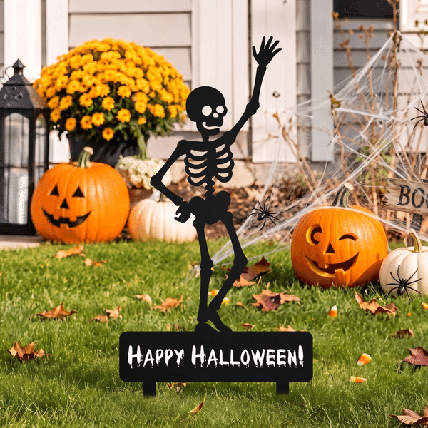 Personalized Spooky Season Skull Skeleton Garden Sign Yard Stake with Text Festival Outdoor Decor Halloween Party Gift for Family Friend