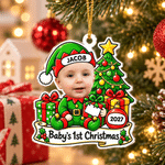 Gepersonaliseerde acrylversiering met foto van de baby’s eerste kerst, voorzien van naam en jaartal – Woonaccessoire en kerstcadeau voor pasgeborenen en kersverse ouders