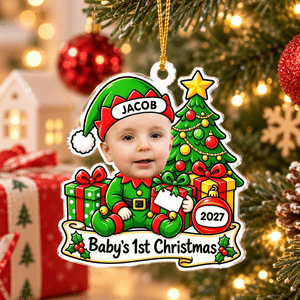 Gepersonaliseerde acrylversiering met foto van de baby’s eerste kerst, voorzien van naam en jaartal – Woonaccessoire en kerstcadeau voor pasgeborenen en kersverse ouders