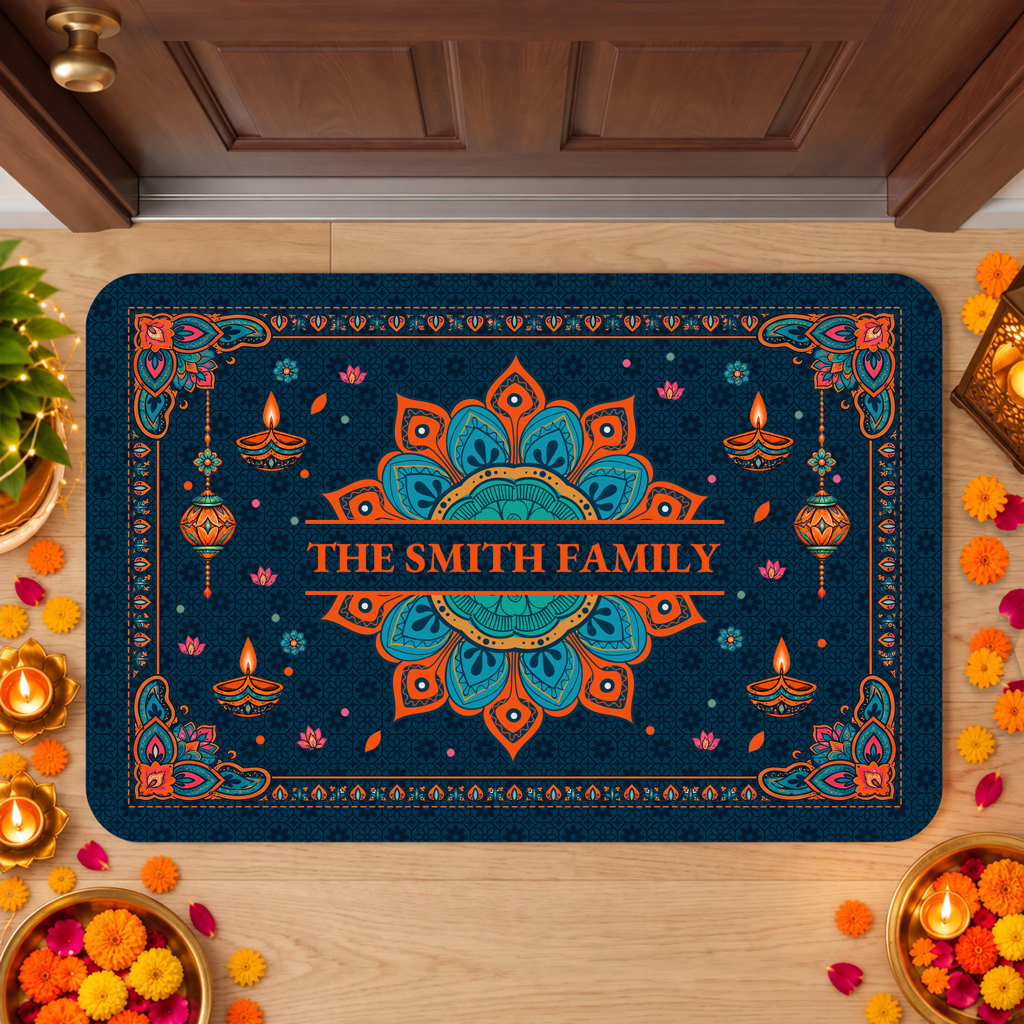 Personalisierte, religiöse Mandala-Lotus-Diya-Fußmatte im indischen Festival-Stil mit rutschfester Unterseite und Namensaufdruck – Wohnaccessoire, Diwali-Deepavali-Geschenk für Familie und Freunde