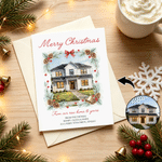 Personalized Watercolor Style House Photo Christmas Wreath Greeting Card with Text First Christmas in New Home Gift for Family Friend