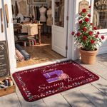 Gepersonaliseerde vintage naaimachine-deurmat met geboortebloem en antislip, voorzien van naam – decoratie voor de naaikamer, cadeau voor naailiefhebbers