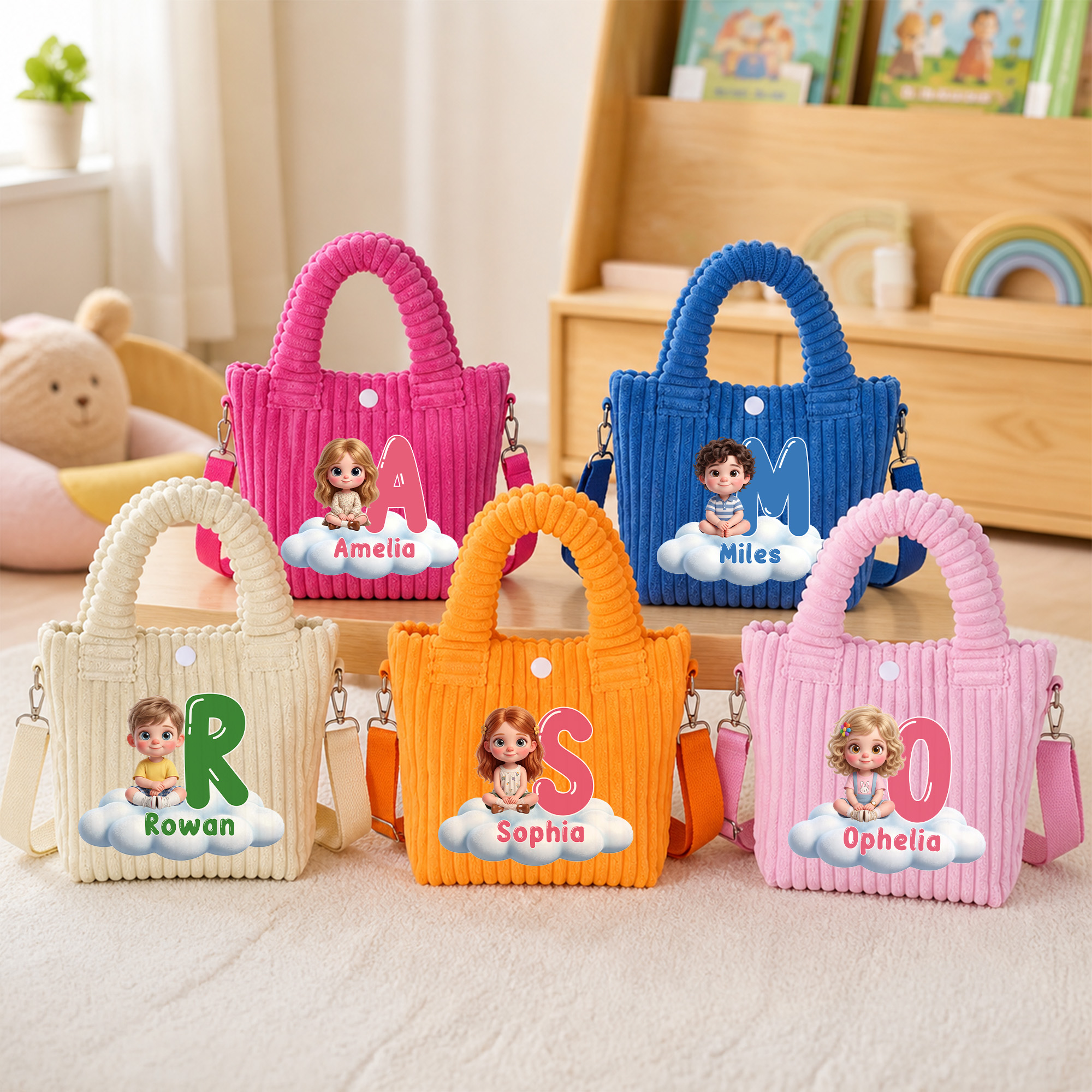 Individuell gestaltete Umhängetasche aus Cord mit 3D-Effekt, Cartoon-Figur, Foto, Initialen und Namen – Geburtstags- und Schulanfangsgeschenk für Kinder und Kleinkinder