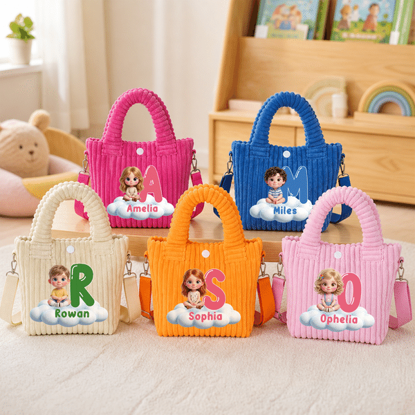 Borsa a tracolla in velluto a coste personalizzata con foto di un personaggio dei cartoni animati, iniziali e effetto 3D; regalo di compleanno o per il rientro a scuola per bambini e neonati