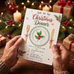 Personalised Join Us for Christmas Dinner Holly Leaves Greeting Card with Text Date Time and Address Christmas Dinner Party Gift for Family Friends