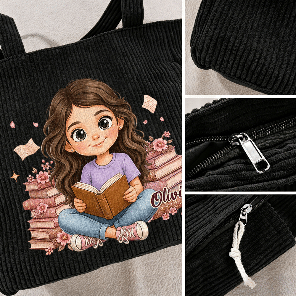 Sac fourre-tout en velours côtelé de grande capacité, personnalisé avec une photo d'un personnage de dessin animé à l'aquarelle et son prénom – Cadeau d'anniversaire pour les passionnés de lecture et  8