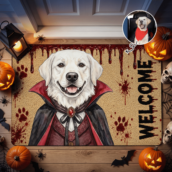Personalized Halloween Vampire 1-3 Pet Photos Welcome Doormat Home Decor Halloween Party Gift for Pet Owners Lovers
