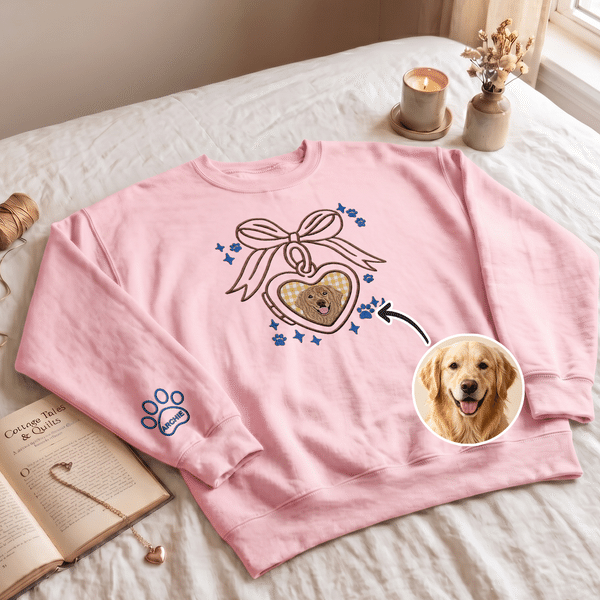 Personalized Multicolour Embroidered Cat Dog Photo Patch Heart Bow T-Shirt Sweatshirt Hoodie with Name Birthday Party Gift for Pet Lovers