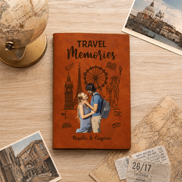 Personalized Travel Couple Photo World Landmark Buildings A5 A6 PU Leather Notebook with Names Anniversary Travel Gift for Couples Travelers