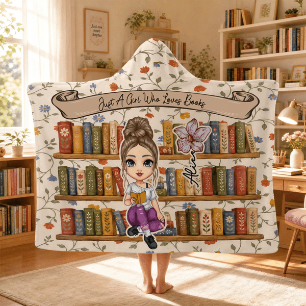 Couverture à capuche personnalisée avec personnage de bande dessinée, motif « fleur de naissance », nom et texte – Cadeau d'anniversaire pour bibliothécaires et passionnés de lecture