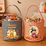 Personalized Cute Cartoon Character Photo Pumpkin Checkered Candy Bucket with Name Halloween Party Gift for Children