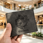Personalized Man of Faith Lion Cross PU Leather Wallet with Name Birthday Anniversary Birthday Baptism Gift for Husband Dad Christian