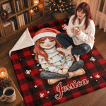 Individuell gestaltete Weihnachtsmütze – karierte Kuscheldecke mit Cartoon-Figur und Haustierfoto, mit Namen – Wohnaccessoire und Weihnachtsgeschenk für Familie und Kinder