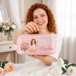 Borsa da trucco personalizzata in pelle PU con personaggio dei cartoni animati dipinto ad acquerello, foto e fiore del mese di nascita, con nome: regalo di compleanno o per i viaggi quotidiani, per do