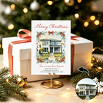 Personalized Watercolor Style House Photo Christmas Wreath Greeting Card with Text First Christmas in New Home Gift for Family Friend