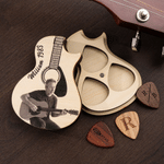 Personalised Handmade Wooden Photo Guitar Pick Holder with Text and 3 Engraved Picks Anniversary Gift for Guitarist Guitar Player