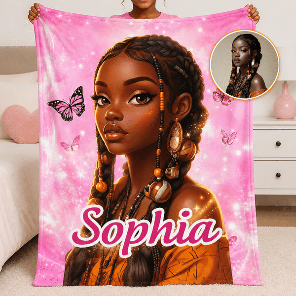Personalised Cartoon Character Black Kid Photo Soft Throw Blanket with Name Bedroom Decor Birthday Gift for Black Kids