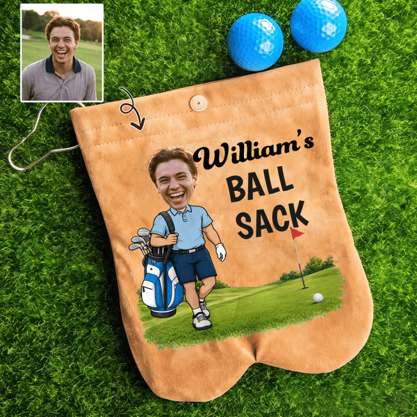 Personalized Funny Cartoon Golf Player Photo Golf Ball Bag Sack with Name and 2 Golf Balls Golf Field Accessories Birthday Gift for Golfer Golf Player