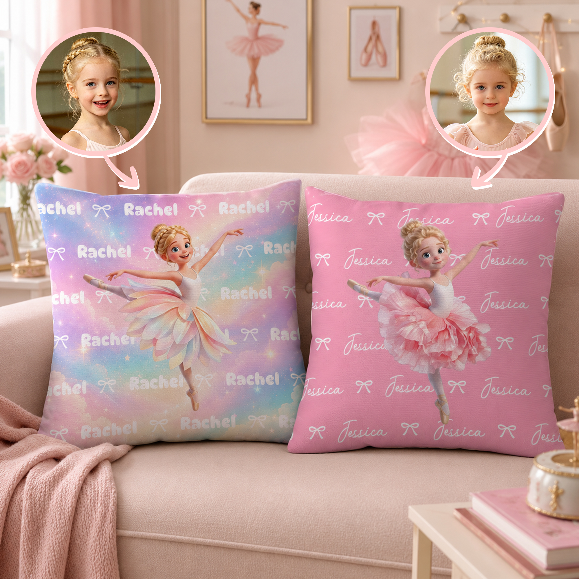 Individuell gestalteter Kissenbezug mit 3D-Effekt und Motiv einer Geburtsblume: Cartoon-Ballettmädchen – weicher Kissenbezug mit Namen – Wohnaccessoire und Geburtstagsgeschenk für kleine Ballerinas un