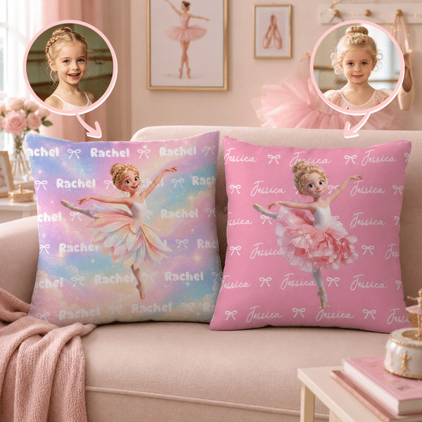Personalized Birth Flower 3D-Effect Artwork Cartoon Ballet Girl Soft Throw Pillow Cover with Name Home Decor Birthday Gift for Ballerina Dancer Girl
