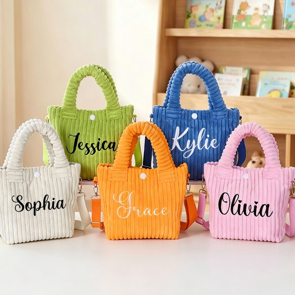 Personalised Multicolour Cute Embroidered Name Corduroy Crossbody Bag Birthday Back to School Gift for Kids Girls Boys