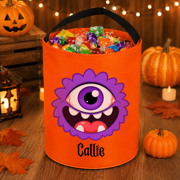 Personalised Cartoon Monster Eyeball Reusable LED Light Sweets Bucket with Name Trick or Treat Halloween Gift for Boys Girls