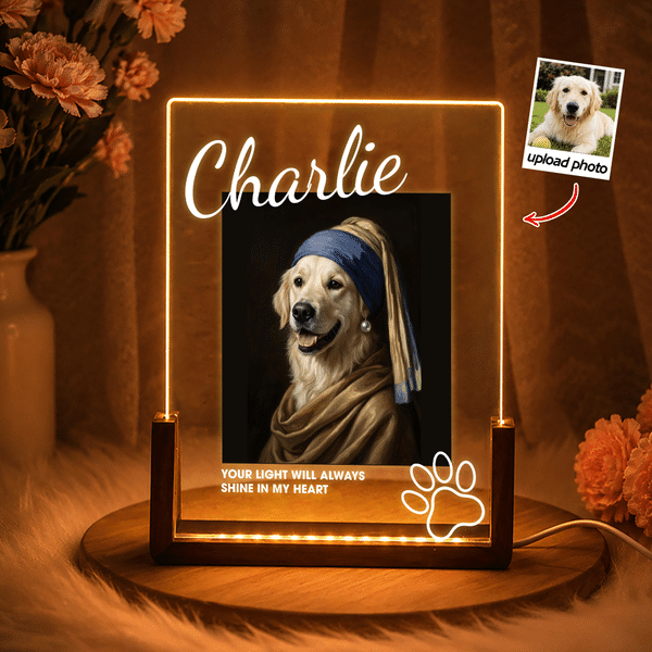 Veilleuse LED décorative en acrylique, personnalisée avec un portrait d'animal de compagnie peint à l'huile, socle en bois, nom et texte : objet de décoration d'intérieur et cadeau commémoratif pour l