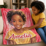 Personalised Cartoon Character Black Kid Photo Soft Throw Blanket with Name Bedroom Decor Birthday Gift for Black Kids