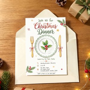 Personalised Join Us for Christmas Dinner Holly Leaves Greeting Card with Text Date Time and Address Christmas Dinner Party Gift for Family Friends