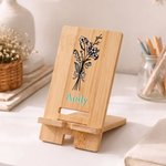 Personalisierter Handyhalter aus Bambus mit Geburtsblume und Namen – für den täglichen Gebrauch im Büro, als Geburtstagsgeschenk für Freunde und Büroangestellte