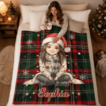 Individuell gestaltete Weihnachtsmütze – karierte Kuscheldecke mit Cartoon-Figur und Haustierfoto, mit Namen – Wohnaccessoire und Weihnachtsgeschenk für Familie und Kinder