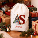Personalised 3D-Style Artwork Cartoon Character Design Canvas Drawstring Gift Bag with Initial and Name Christmas Gift for Boys Girls