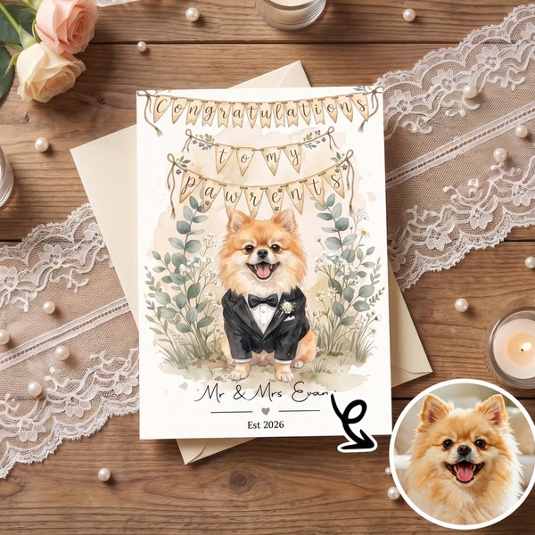 Personalized Congratulations to My Pawrents Watercolor Pet Photo Wedding Greeting Card with Text and Year Wedding Party Gift for Newlyweds Pet Owners