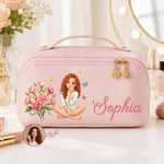 Borsa da trucco personalizzata in pelle PU con personaggio dei cartoni animati dipinto ad acquerello, foto e fiore del mese di nascita, con nome: regalo di compleanno o per i viaggi quotidiani, per do