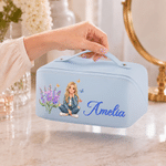 Borsa da trucco personalizzata in pelle PU con personaggio dei cartoni animati dipinto ad acquerello, foto e fiore del mese di nascita, con nome: regalo di compleanno o per i viaggi quotidiani, per do