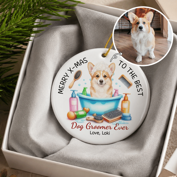 Personalised Cute Cartoon Pet Photo Ceramic Ornament with Name Home Decor Christmas Opening Gift for Pet Groomers Dog Owners