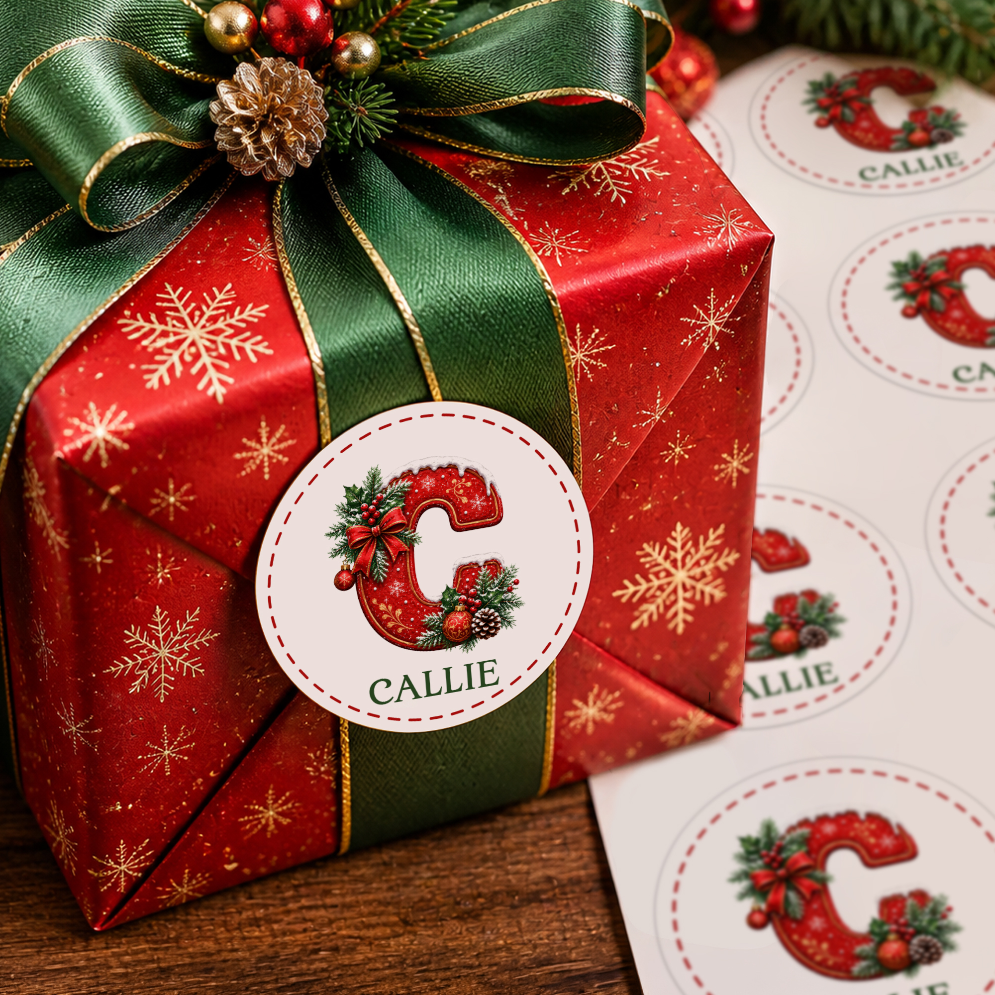 Individuell gestaltete, wasserfeste Aufkleber mit Initialen im Weihnachtsdesign und Namen – Weihnachtsdekoration und Partygeschenke für Familie und Freunde