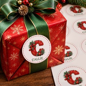 Personalised Christmas Theme Initial Waterproof Sticker Labels with Name Christmas Decor Party Favors for Family Friends